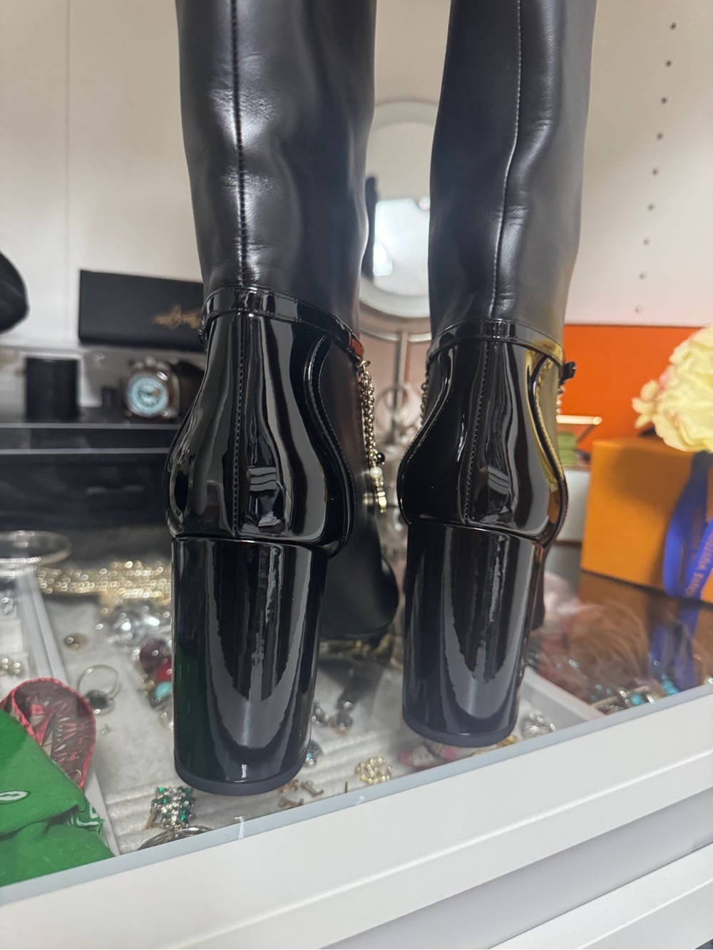 CHANEL Black High Leather Boots with Gold Chain & Pearl Charms - Picture 4 of 11